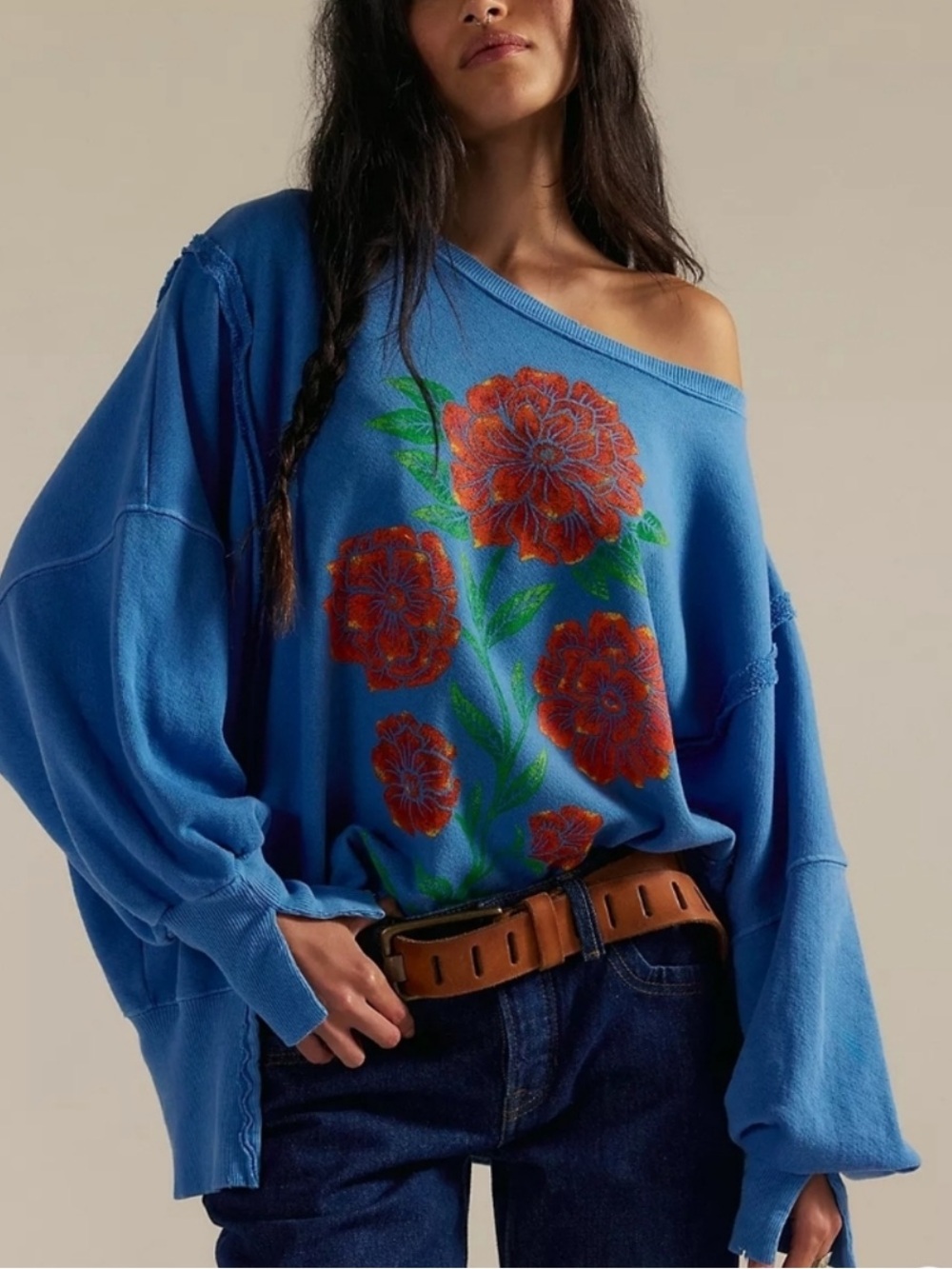 NWT Free People Camden Pullover Sweatshirt Swedish Blue Combo Flower